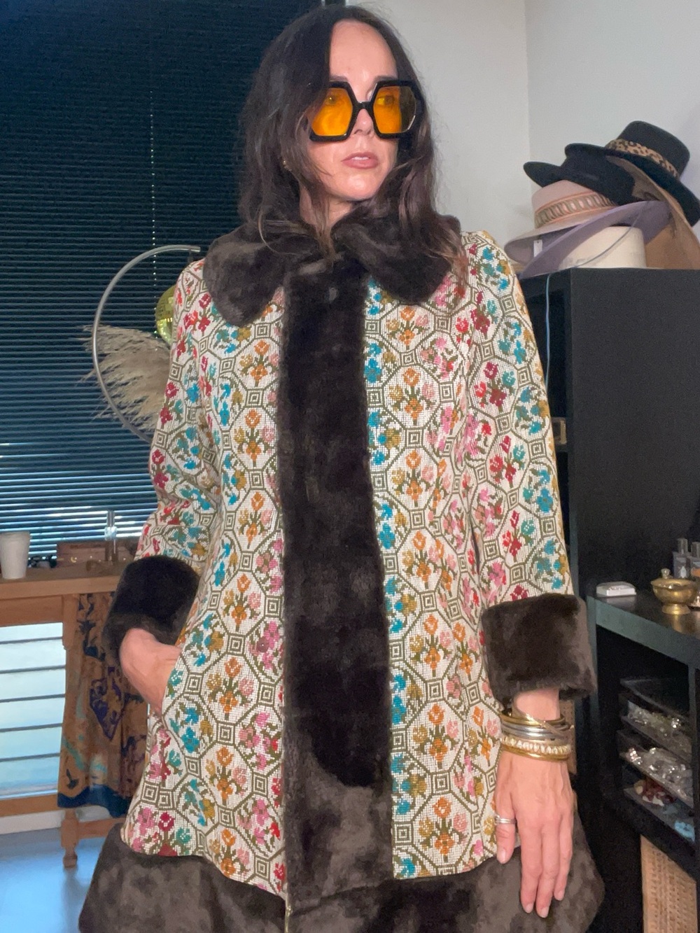 Vintage 1960s Tapestry Coat with Dark Faux Fur Trim